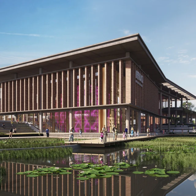 Render del Museo de Ciencias - vista desde la laguna